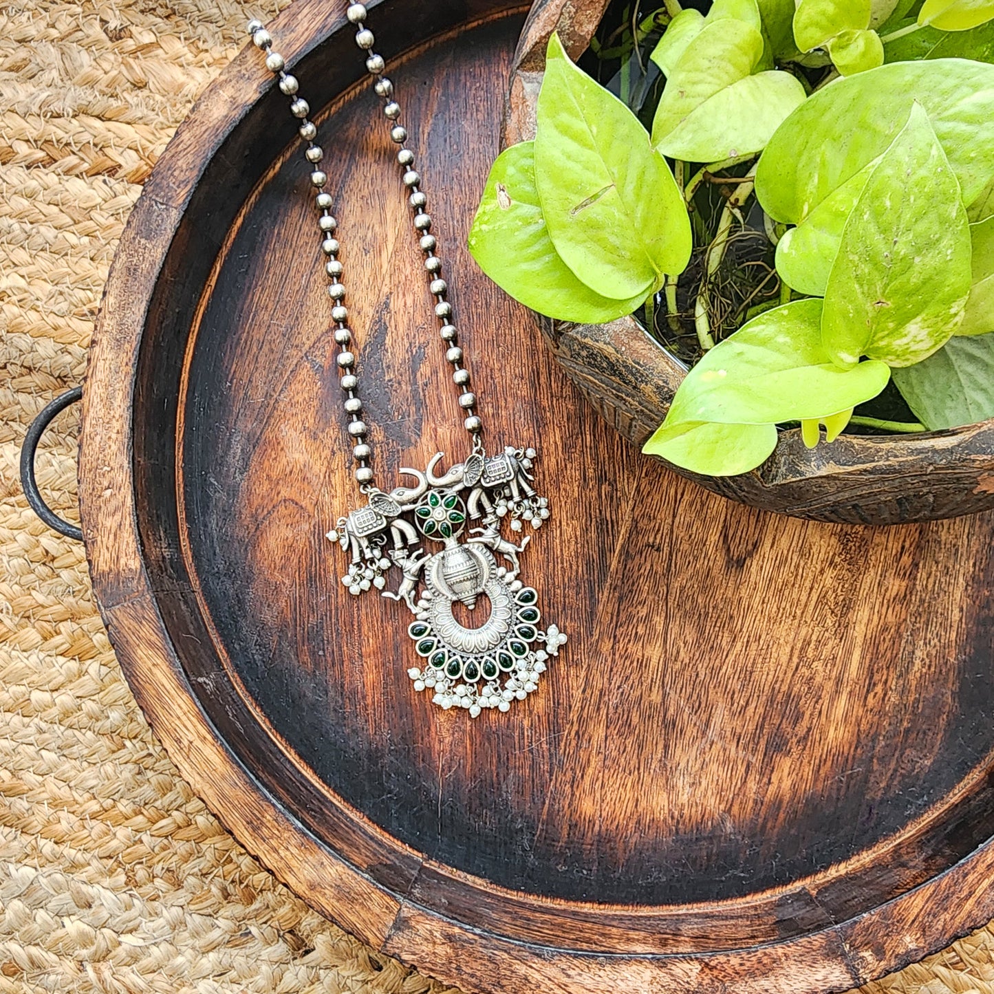Neckpiece -Beautiful Silver Elephant Design With Pearls And German Oxidised Neckpiece