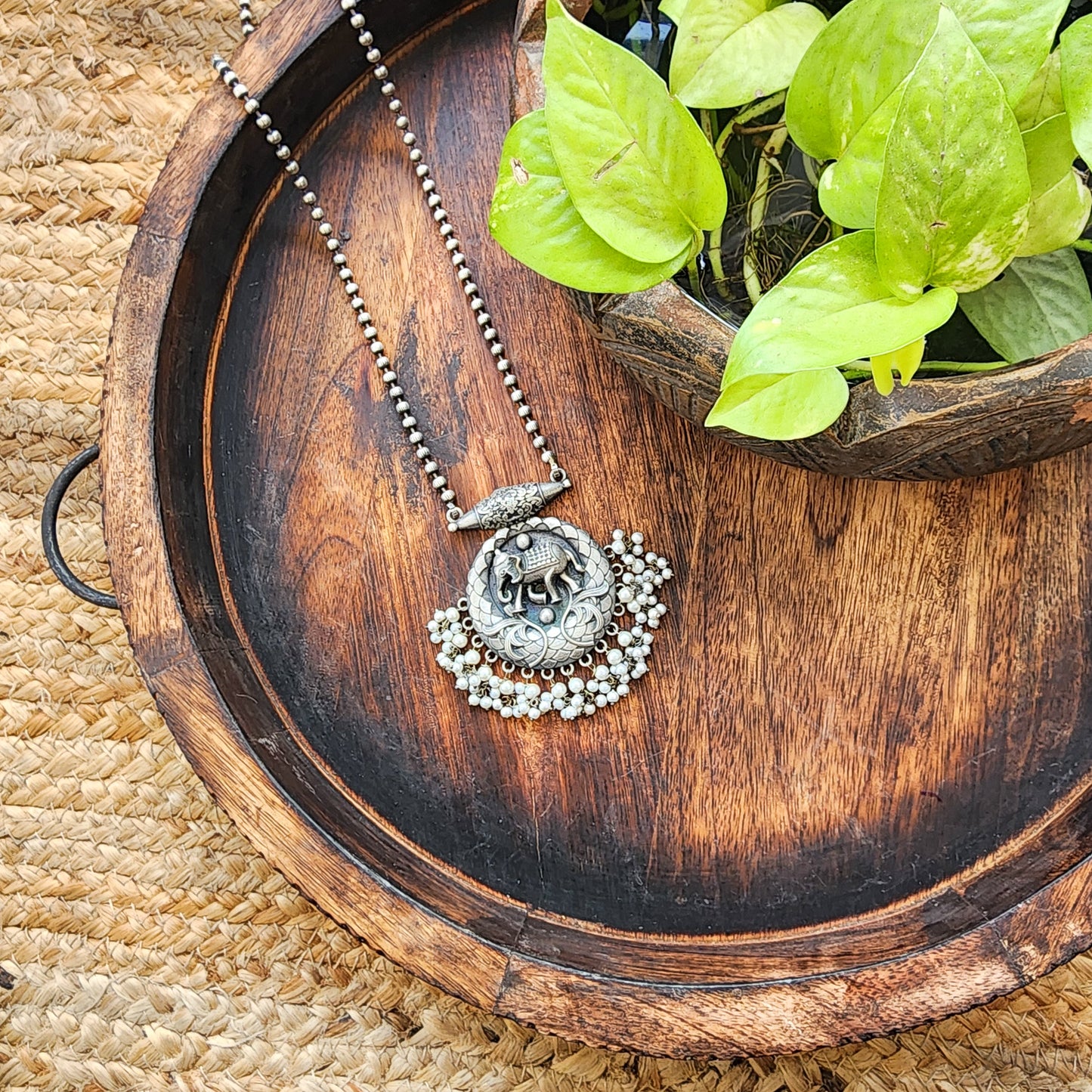 Neckpiece - Silver Tone Elephant With Pearls German Oxidised Neckpiece