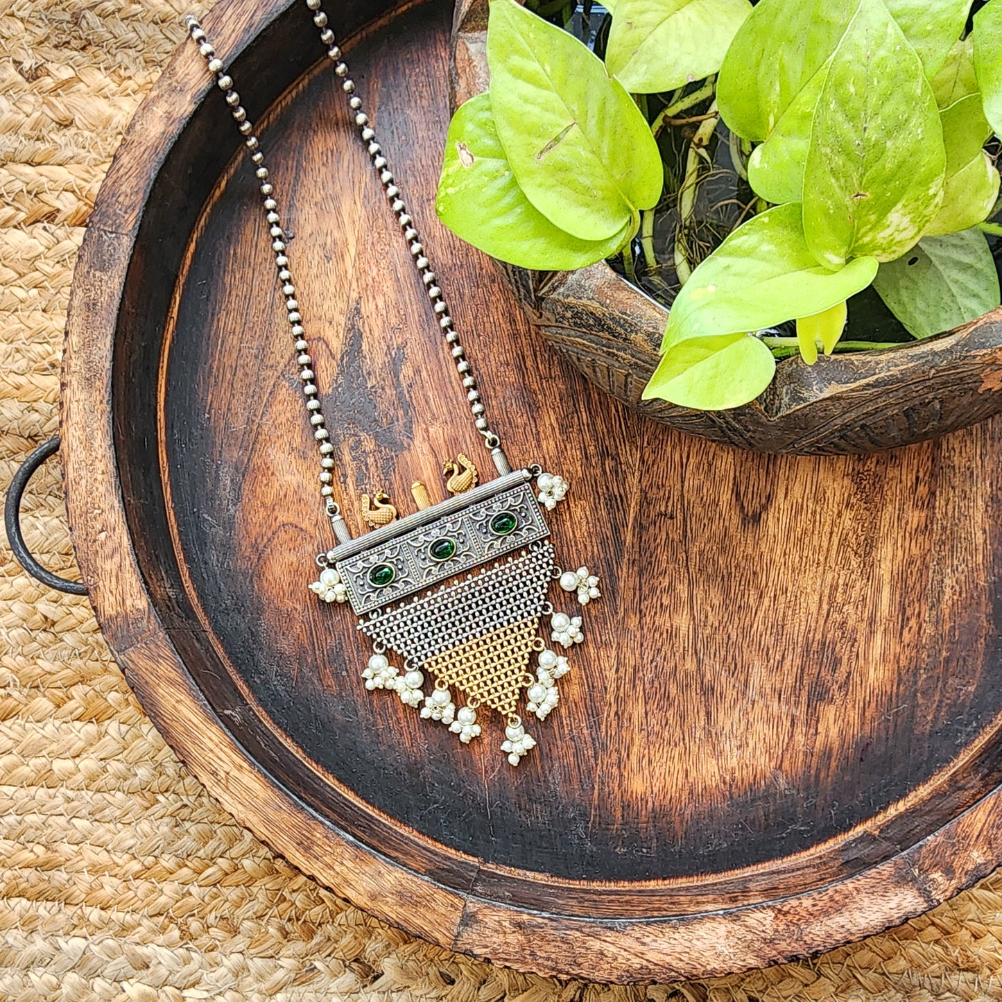 Neckpiece -Green Stone Geometry With Pearls German Oxidised Neckpiece