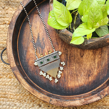 Neckpiece -Green Stone Geometry With Pearls German Oxidised Neckpiece