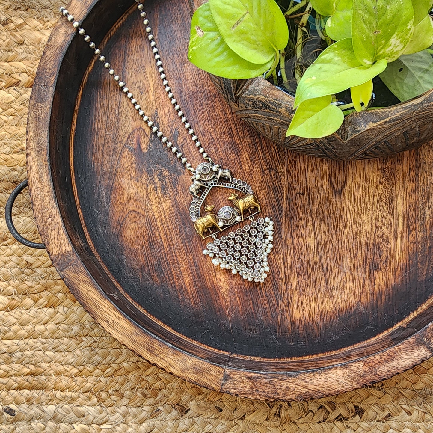 Neckpiece -Cow Motif With Geometry And Pearls German Oxidised Neckpiece