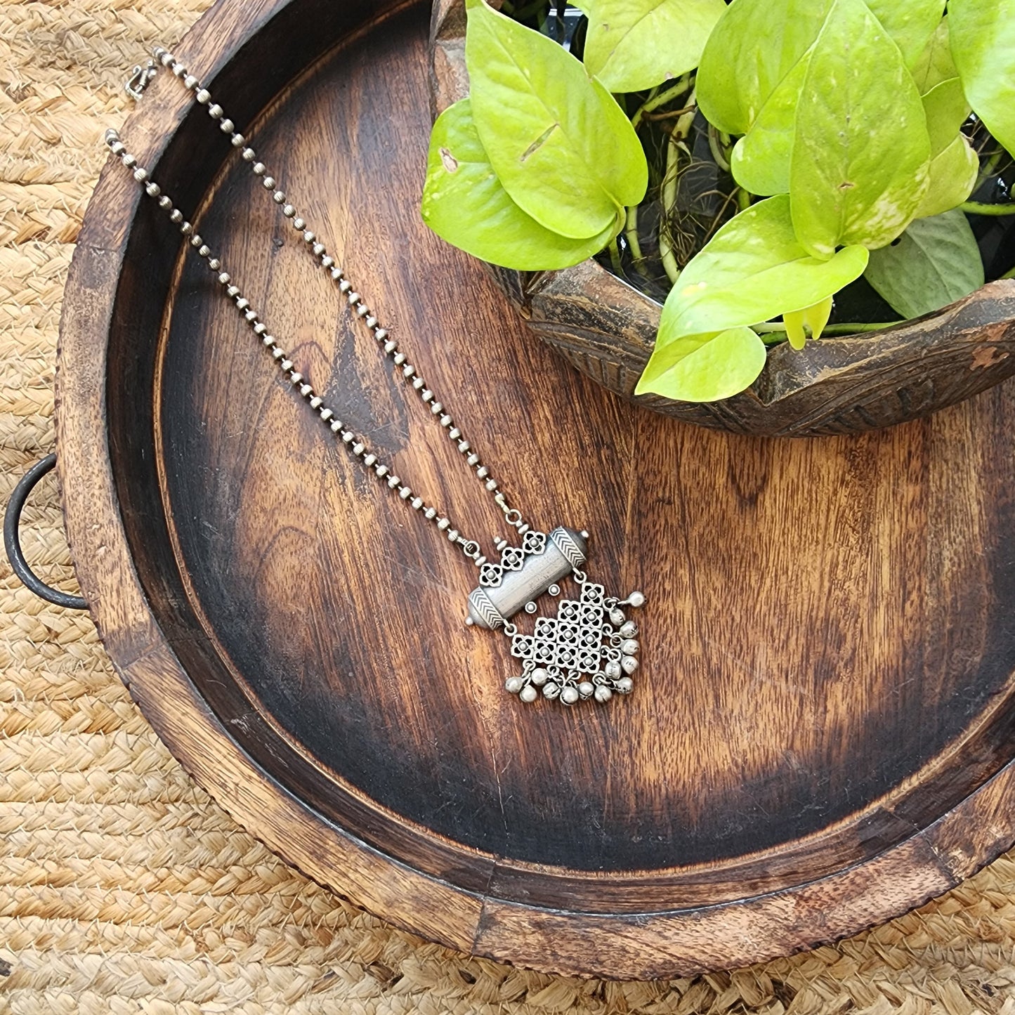 Neckpiece - Silver Triangle Design With Ghungroo German Oxidized  Neckpiece