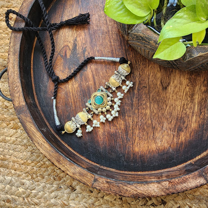 Neckpiece -Sea Green Stone With Pearls German Oxidised Neckpiece