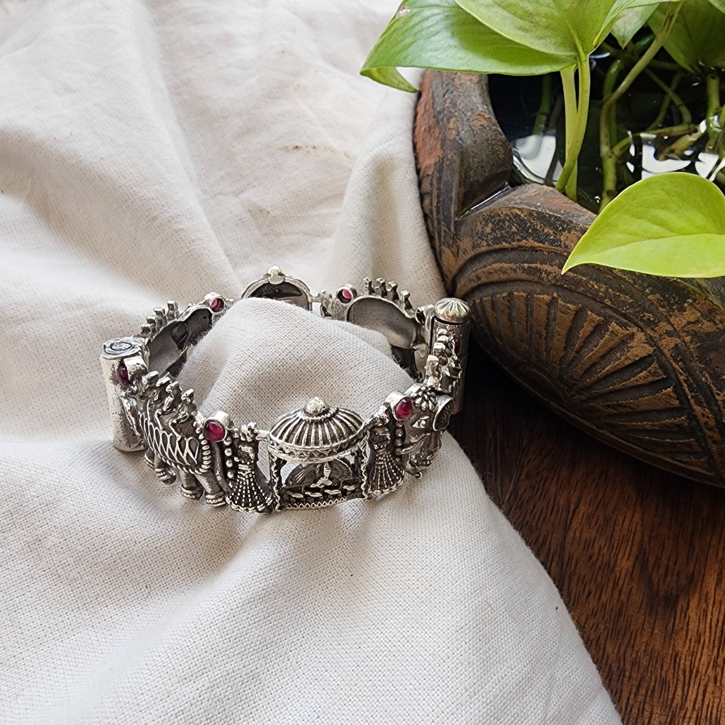 BANGLE- Elephant And Doli Motif Pink Green Stone German Oxidized Kada Bangle