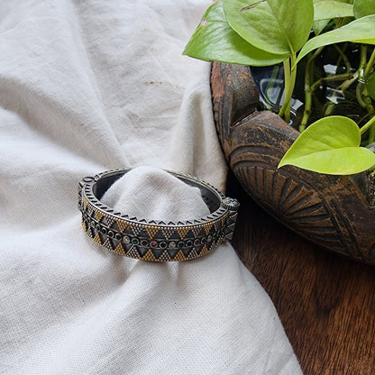 BANGLE-Silver And Golden Multicolor Stone German Oxidized Bangle