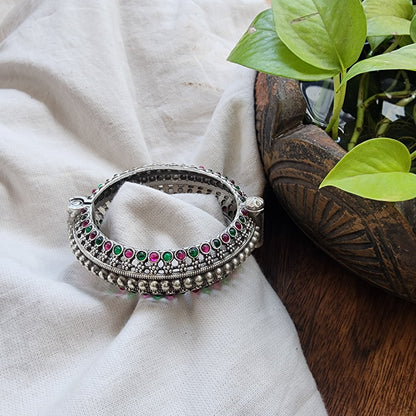 BANGLE- Pink And Green Stone German Oxidized Kada Bangle