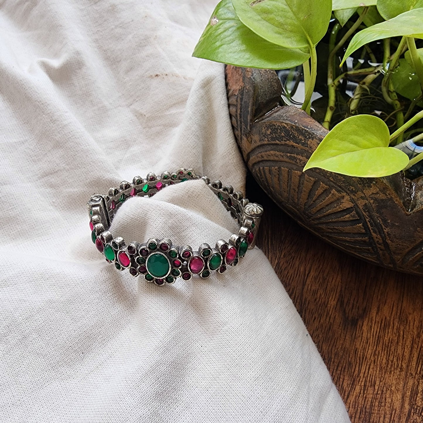 BANGLE- Pink And Green Stone German Oxidized Bangle