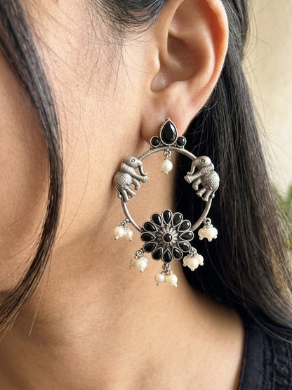 ASAWARI- German Silver Intricate Stones Elephant Pattern Danglers-Black