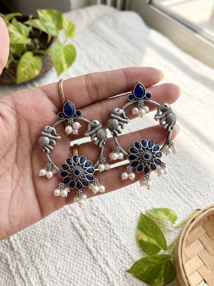 ASAWARI- German Silver Intricate Stones Elephant Pattern Danglers-Blue