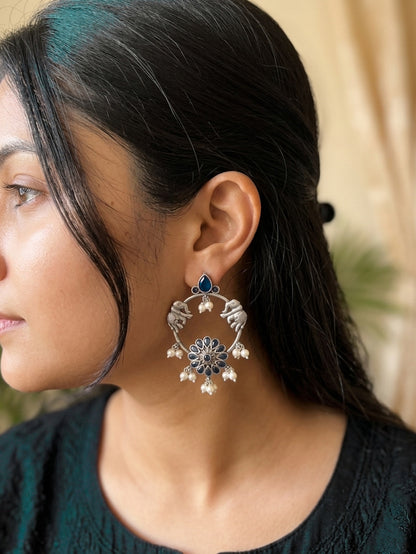 ASAWARI- German Silver Intricate Stones Elephant Pattern Danglers-Blue