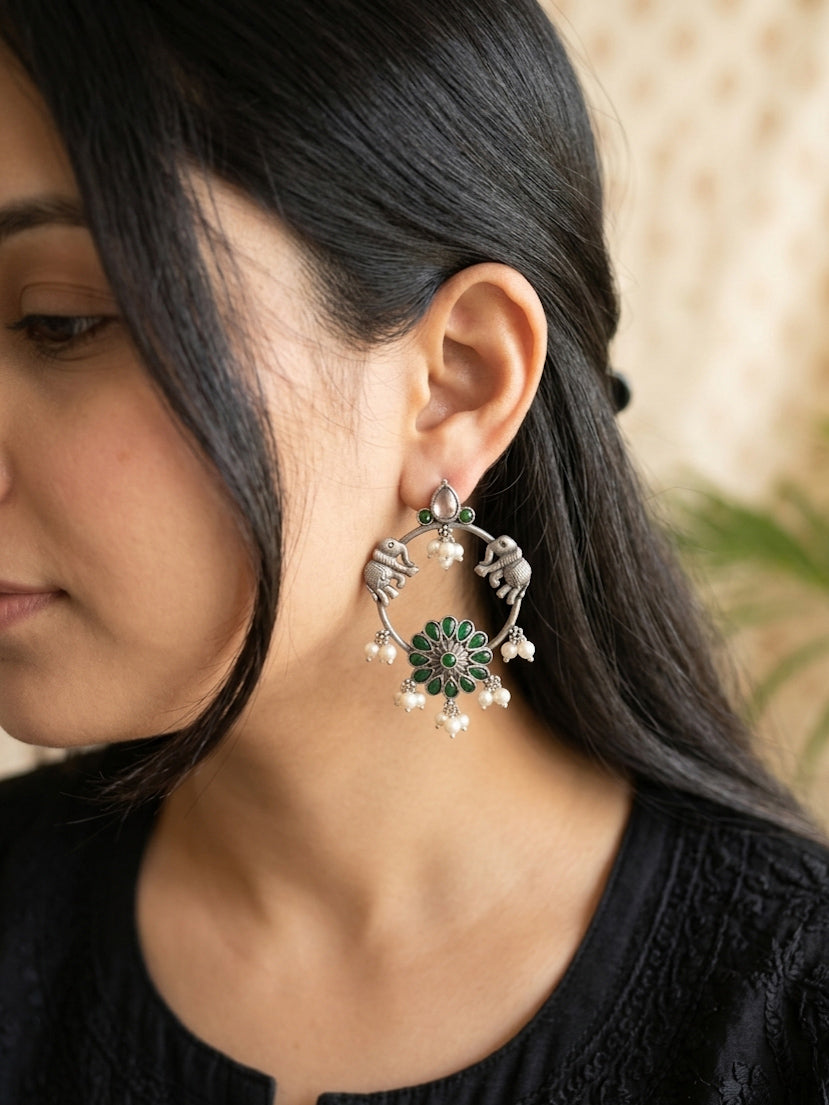 ASAWARI- German Silver Intricate Stones Elephant Pattern Danglers-Green