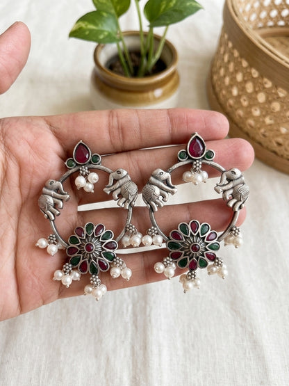 ASAWARI- German Silver Intricate Stones Elephant Pattern Danglers-Red and Green