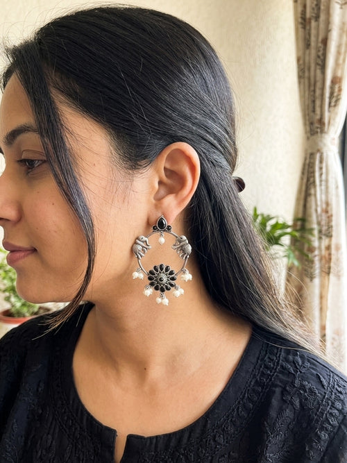 ASAWARI- German Silver Intricate Stones Elephant Pattern Danglers-Black