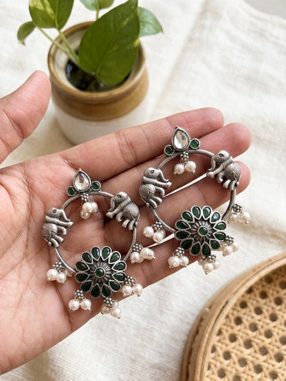 ASAWARI- German Silver Intricate Stones Elephant Pattern Danglers-Green