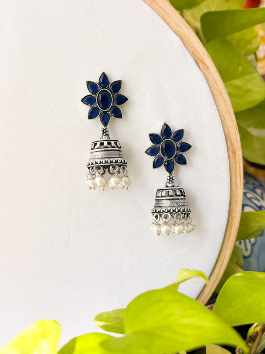 Aahana - Silver Oxidised Small Jhumkas Dark Blue
