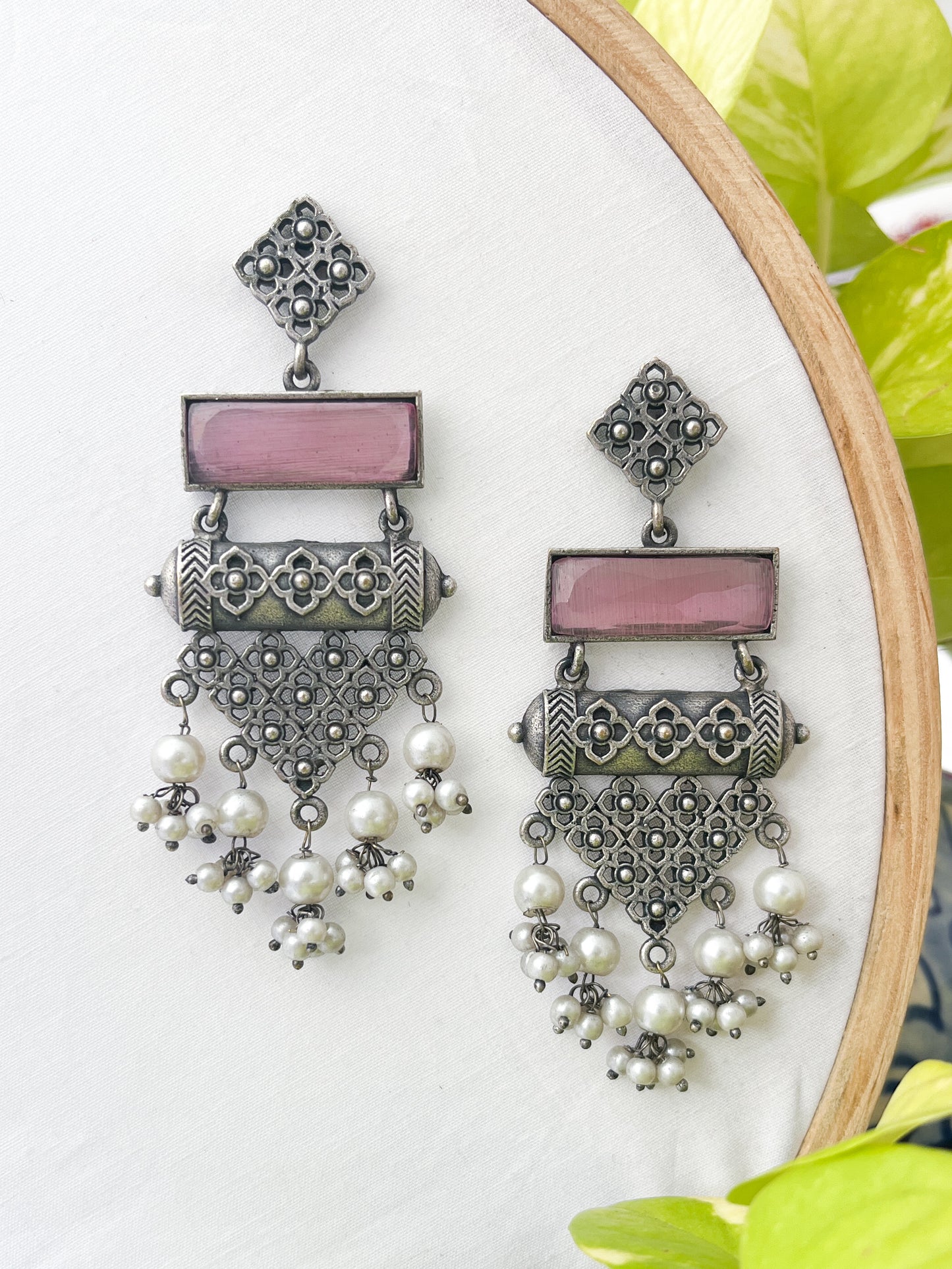 Abhiroopa - Silver Oxidised Pink Stone Danglers