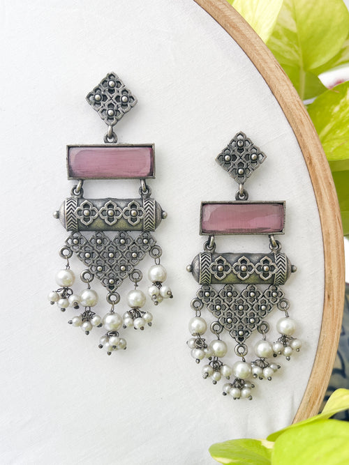 Abhiroopa - Silver Oxidised Pink Stone Danglers