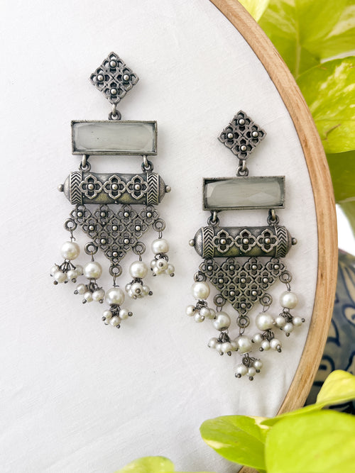 Abhiroopa - Silver Oxidised White Stone Danglers