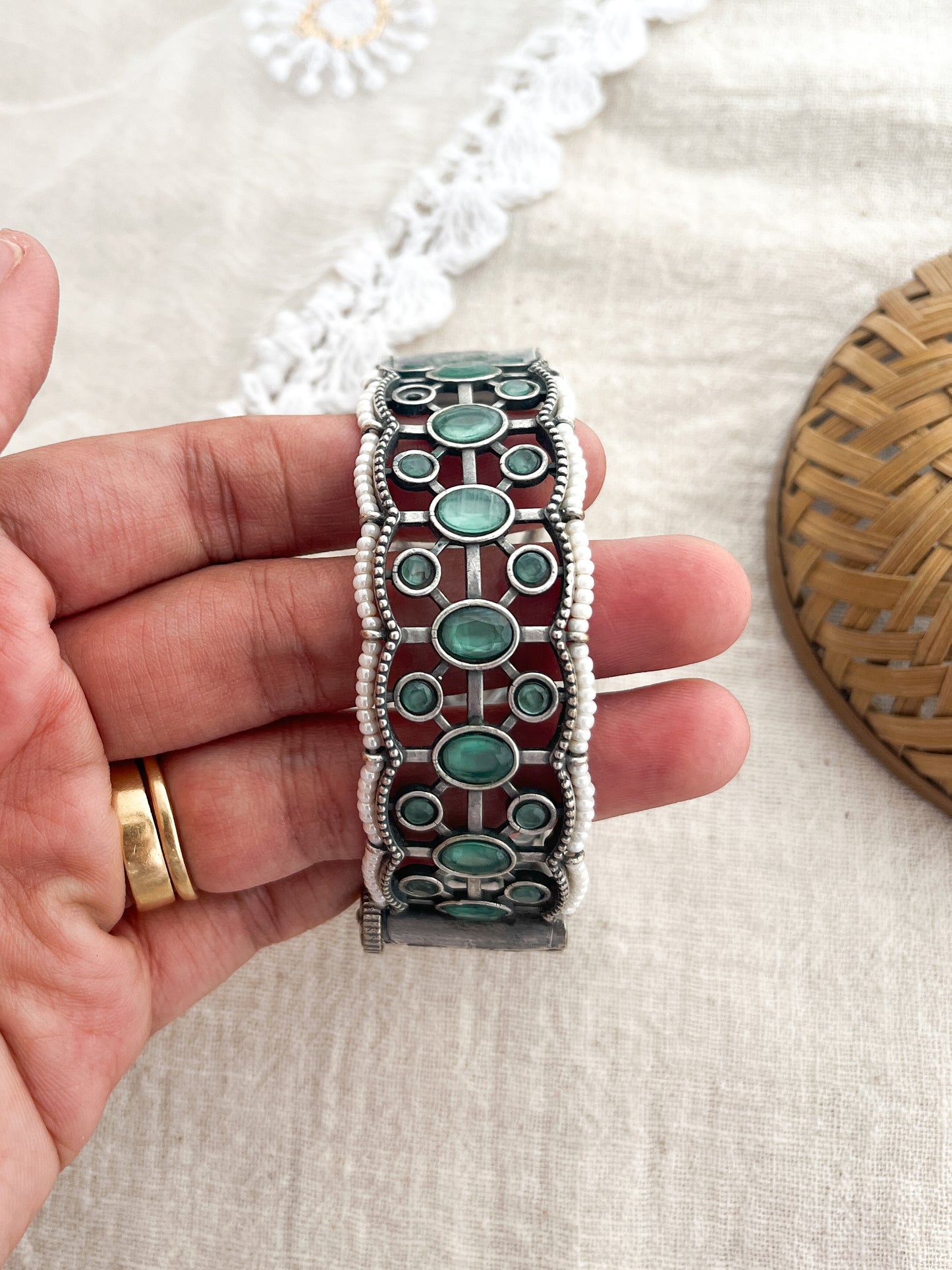 Adhika - Silver Oxidised Teal Green Stone And Moti Kada
