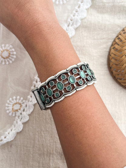 Adhika - Silver Oxidised Teal Green Stone And Moti Kada