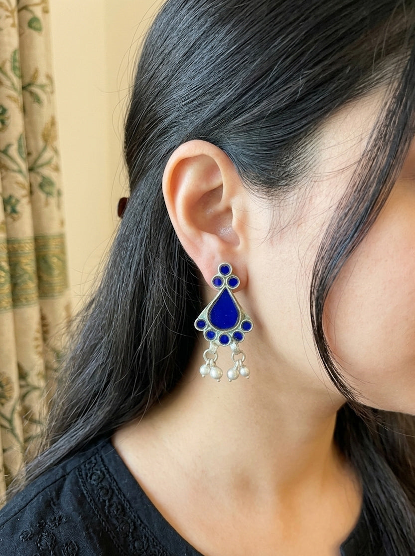 AFSHA - Blue Glass Mix Metal Dangler Afghani Earring