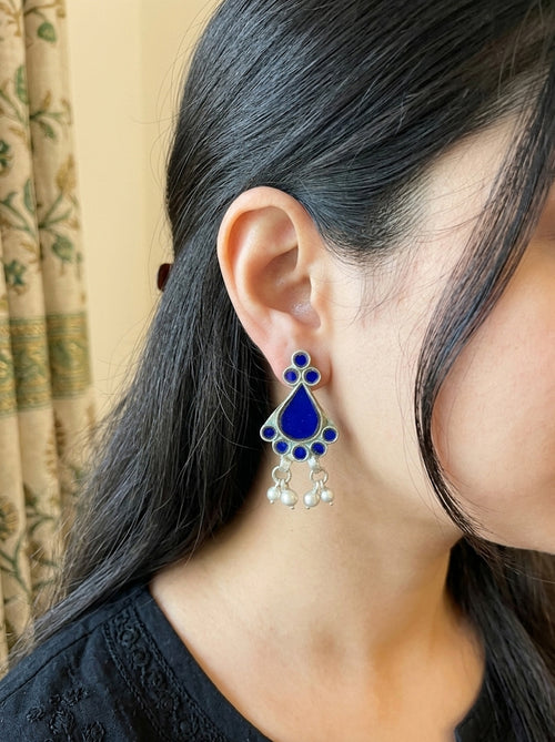 AFSHA - Blue Glass Mix Metal Dangler Afghani Earring