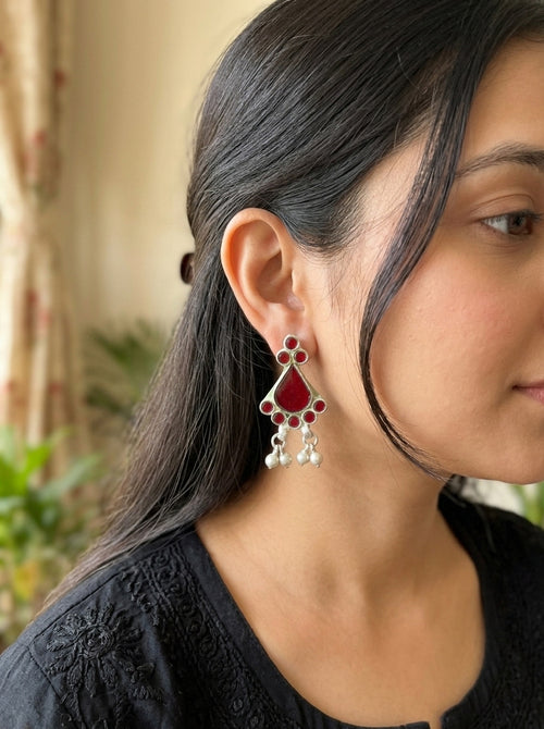 AFSHA - Red Glass Mix Metal Dangler Afghani Earring