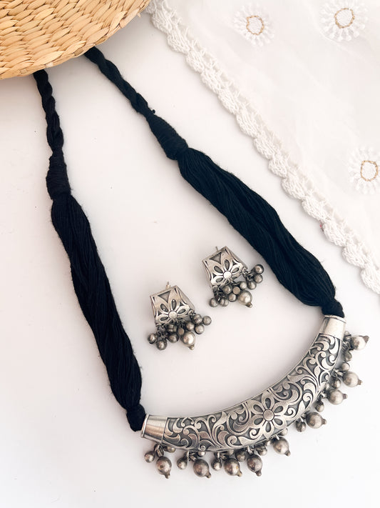 AHANA- German Silver Ghongroo Statement Locket With Black Dhaga