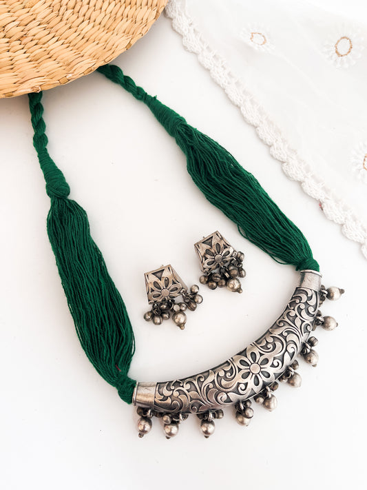 AHANA - German Silver Ghongroo Statement Locket With Green Dhaga