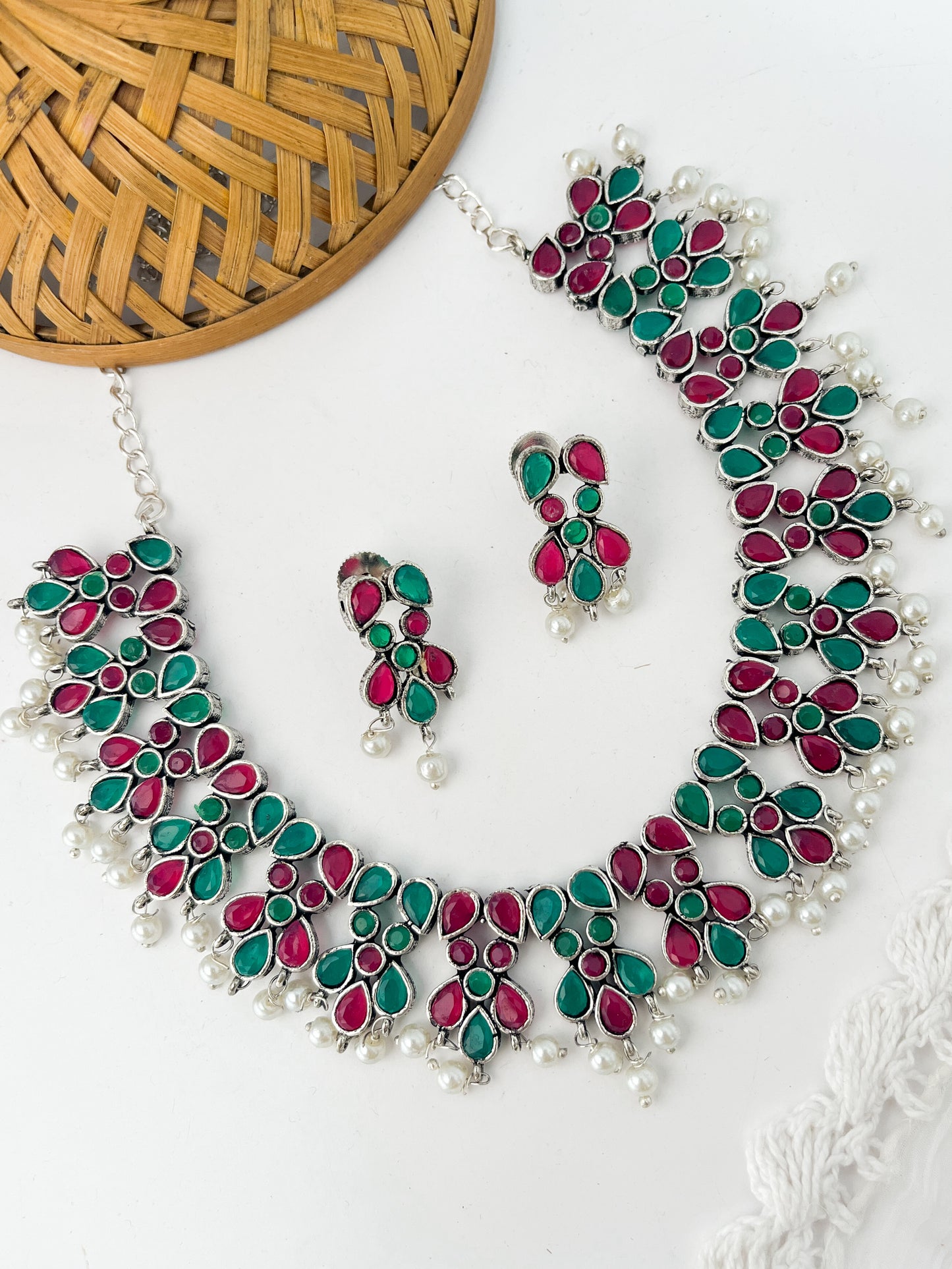 AHILYA- Brass Neckpiece With Pink Green Monalisa Stones