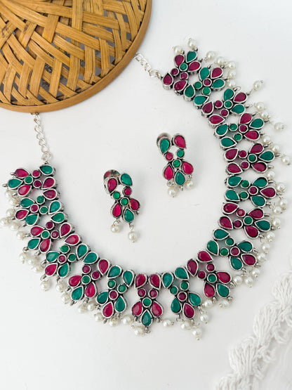AHILYA- Brass Neckpiece With Pink Green Monalisa Stones