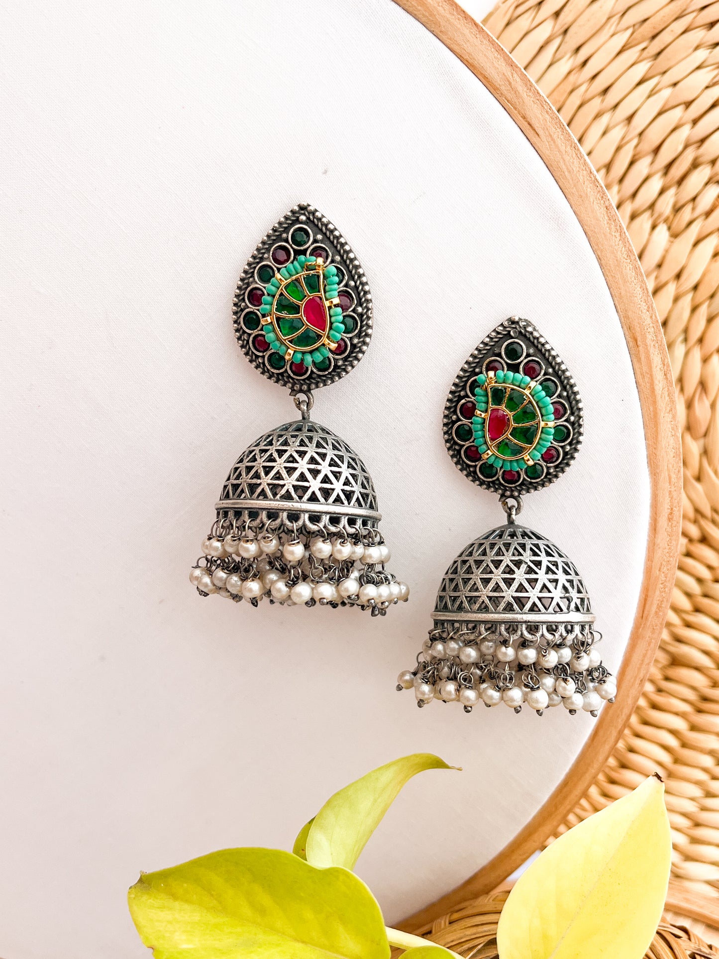 AISHWARYA - German Silver Stone Jhumka With Kundan Work