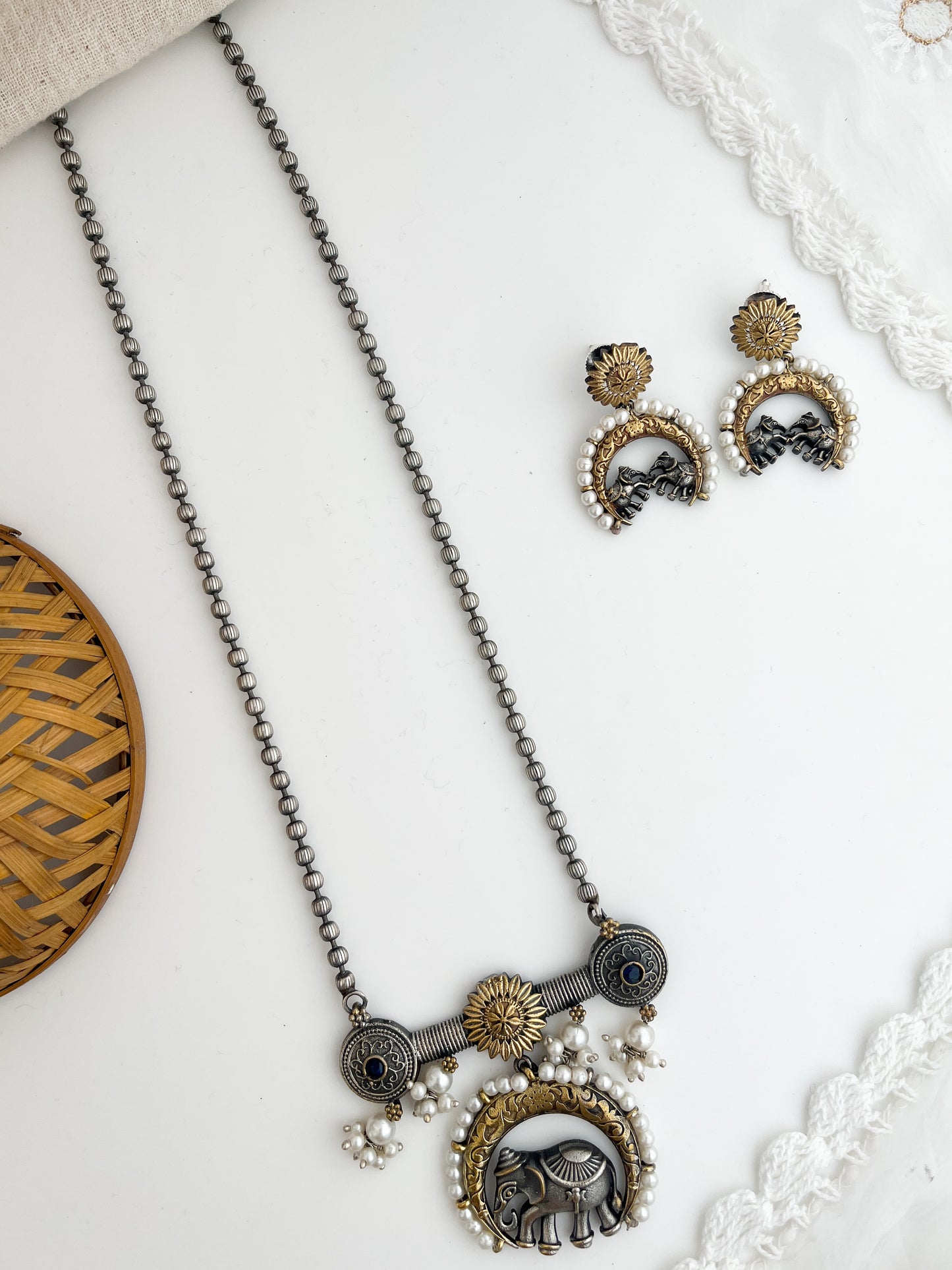 Anameva - Silver Oxidised Dual Tone Long Neckpiece