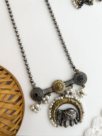 Anameva - Silver Oxidised Dual Tone Long Neckpiece