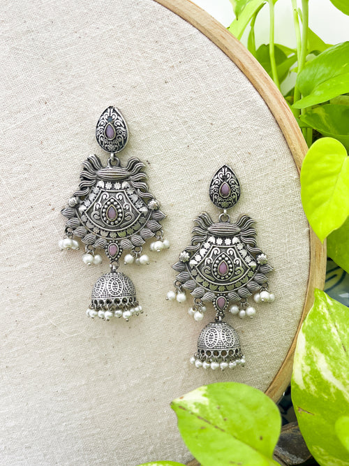 Apsara - German Silver Dangler With Small Jhumka Baby Pink Stone