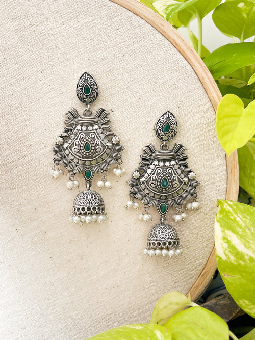 Apsara - German Silver Dangler With Small Jhumka Green Stone