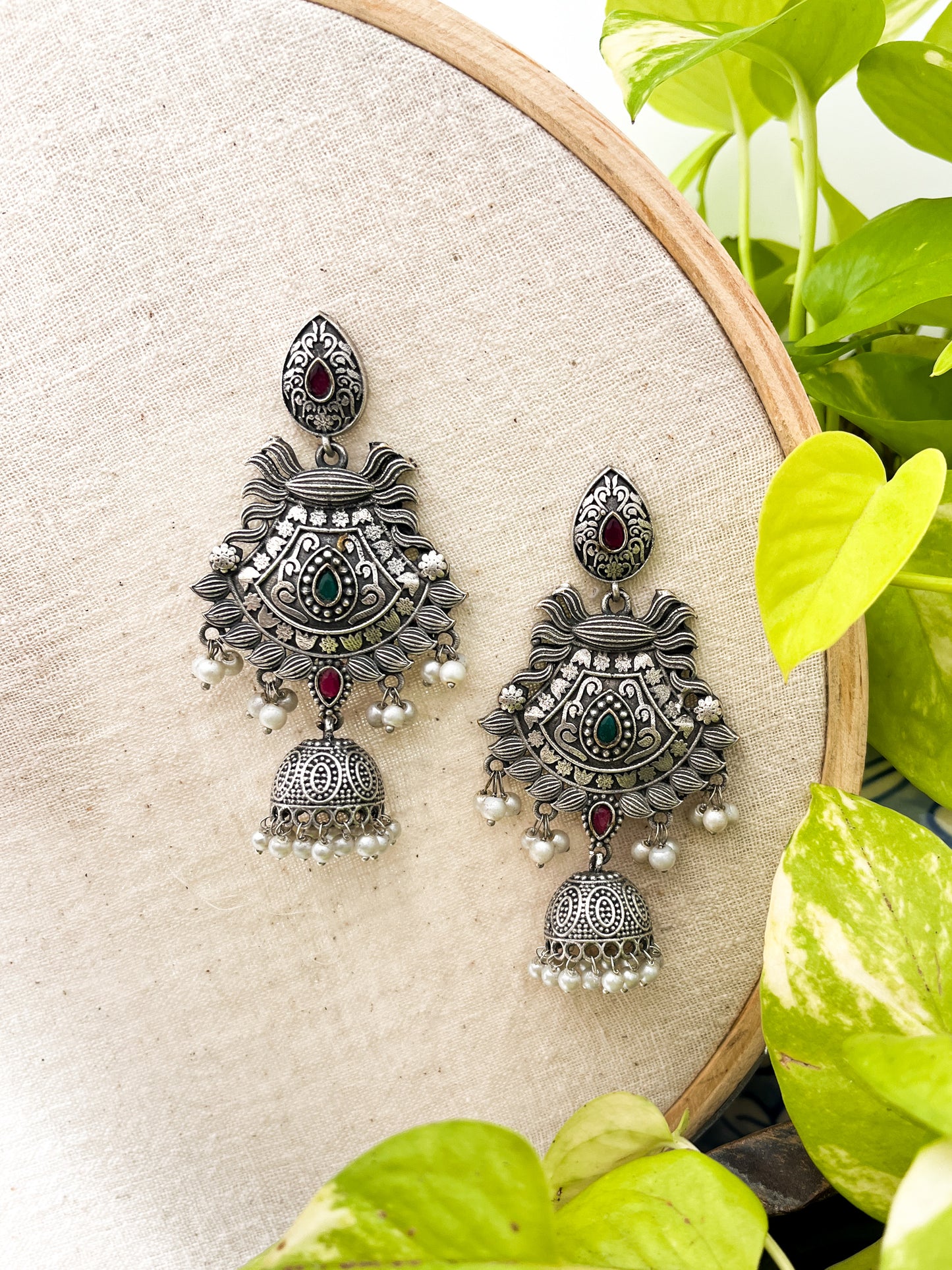 Apsara - German Silver Dangler With Small Jhumka Magenta And Green Stone