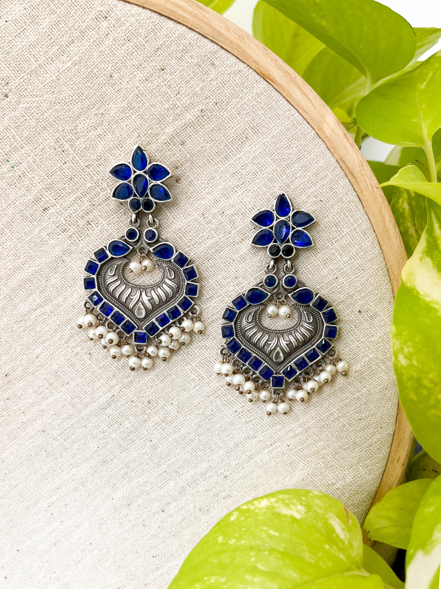 Aradhana - Blue Stone Silver Tone Long Earrings