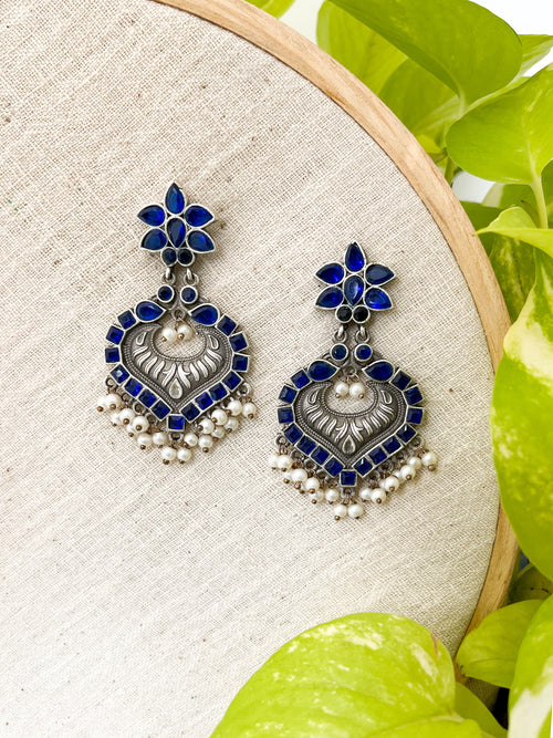 Aradhana - Blue Stone Silver Tone Long Earrings