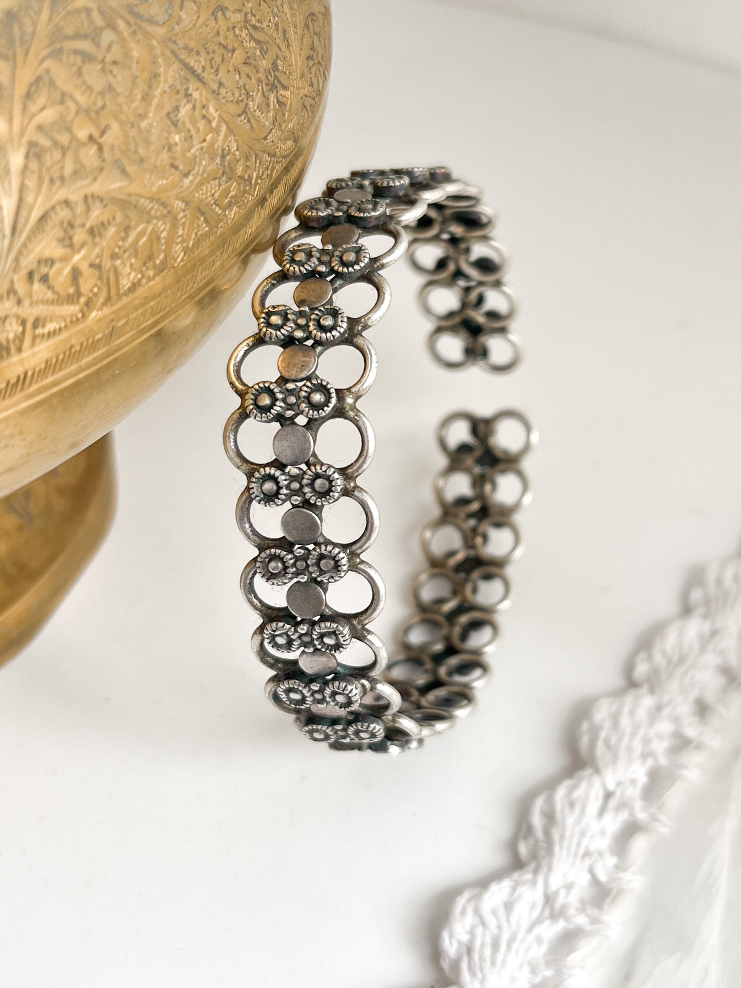 AROHI - Brass Light Weight Kada With Silver Plating Double Flowers
