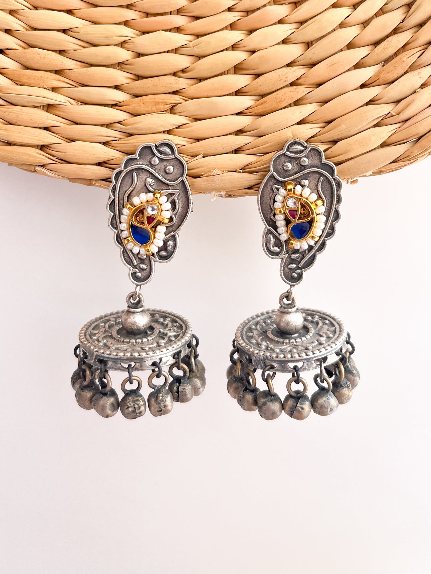 ASHINA - German Silver Flat Jhumka With Paachi Kundan Work Blue