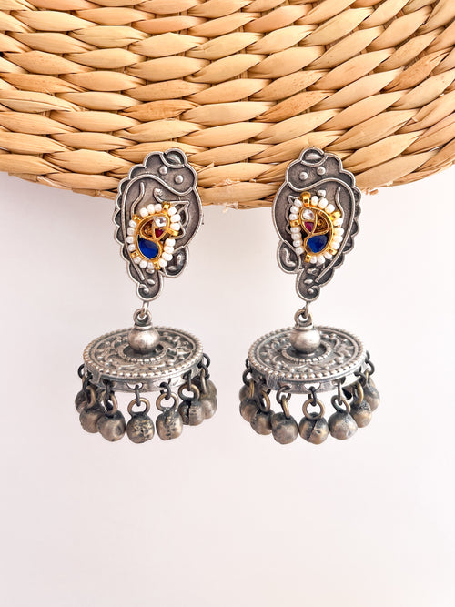 ASHINA - German Silver Flat Jhumka With Paachi Kundan Work Blue