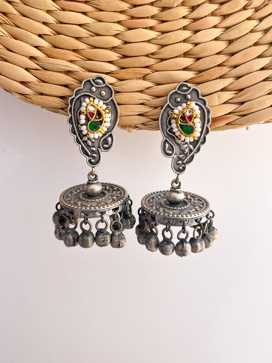 ASHINA - German Silver Flat Jhumka With Paachi Kundan Work Green