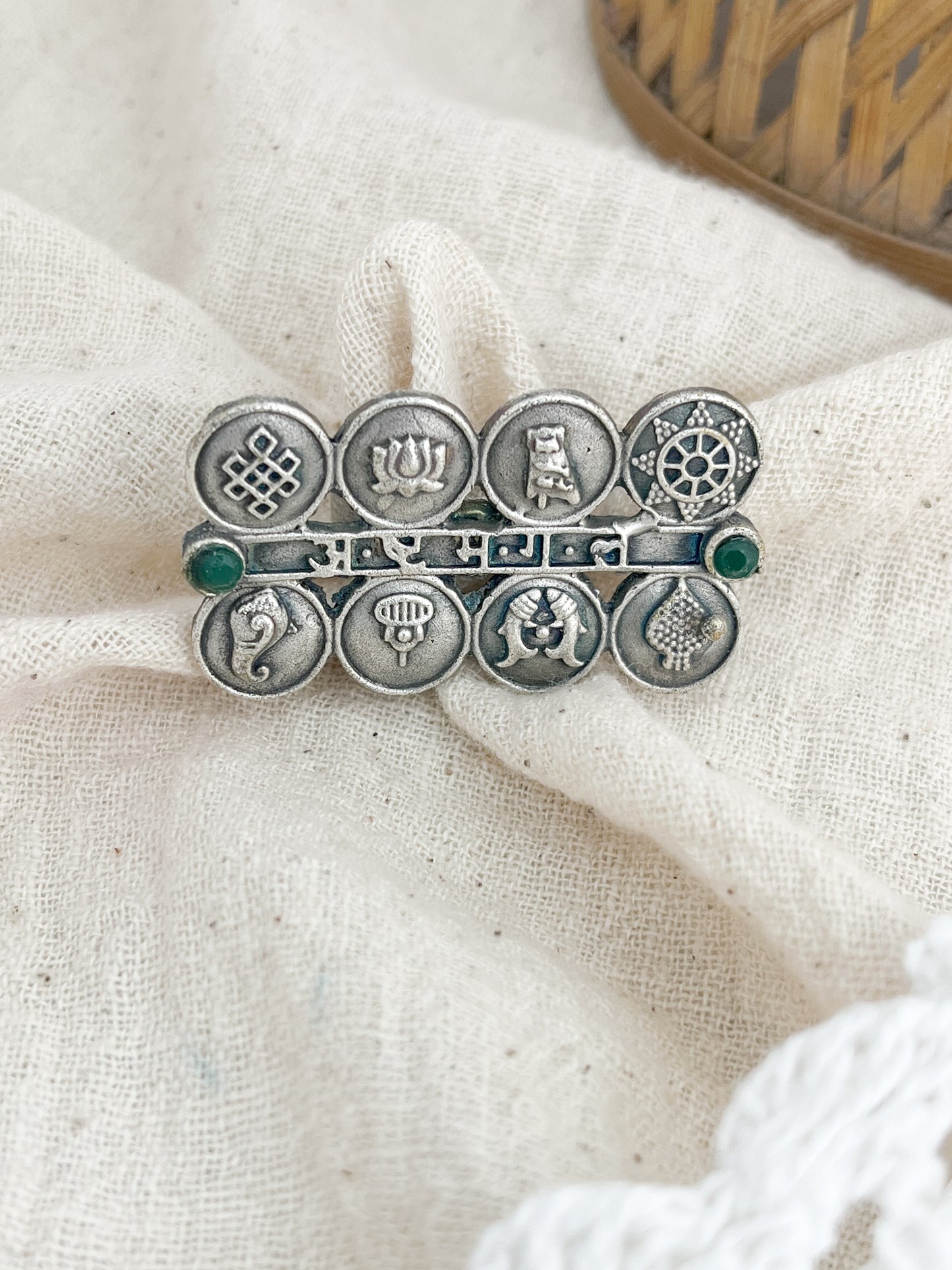 Ashta Mangal Green Stone Silver Oxidised Ring