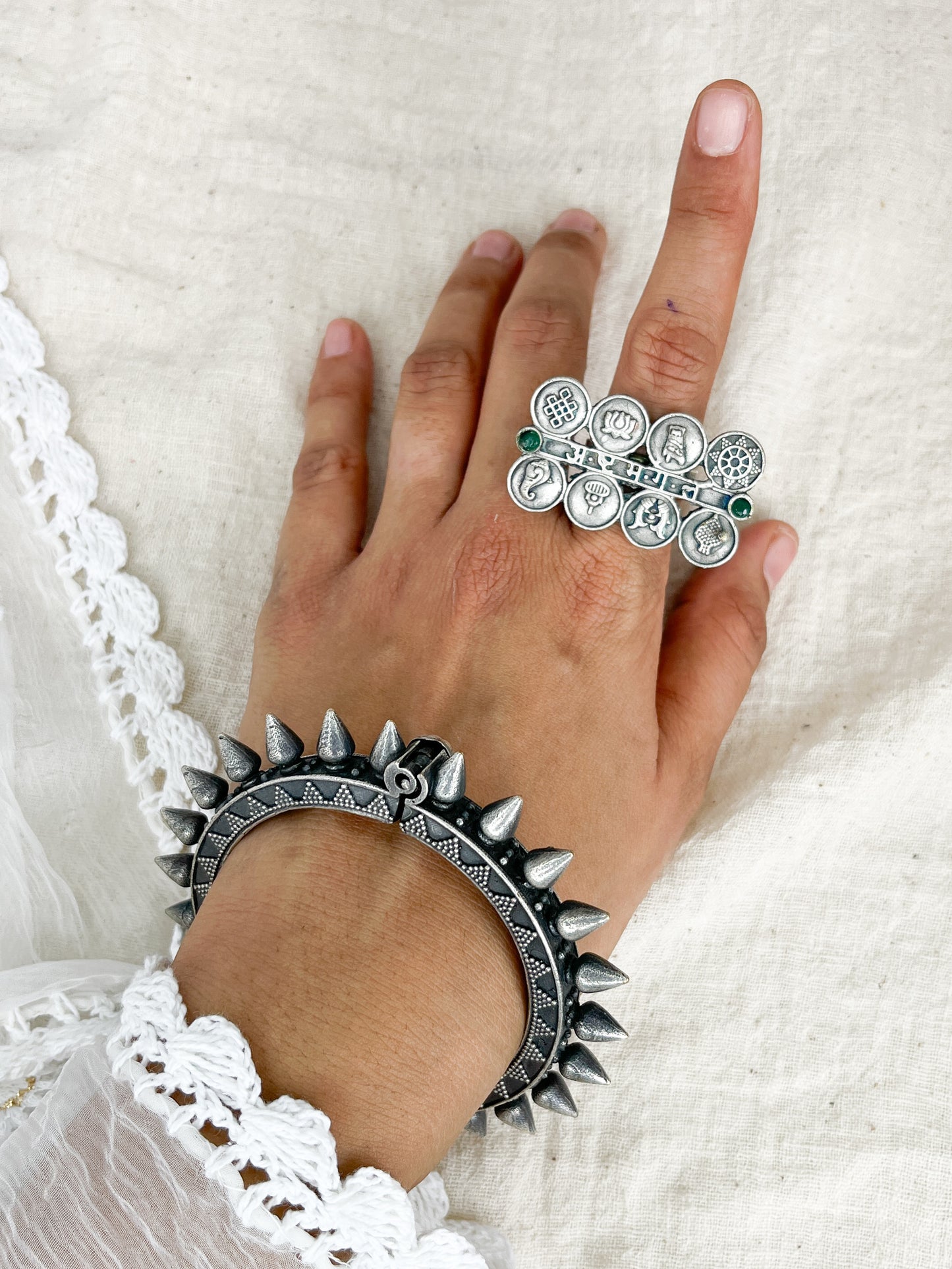 Ashta Mangal Green Stone Silver Oxidised Ring