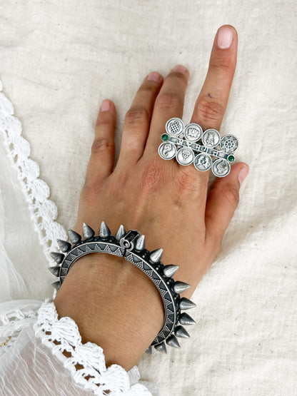 Ashta Mangal Green Stone Silver Oxidised Ring