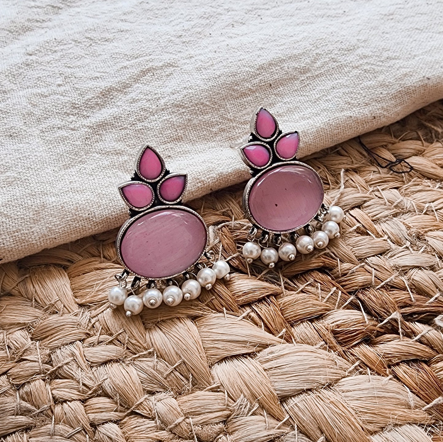 BALAMANI-Pink Stone German Oxidized Earring