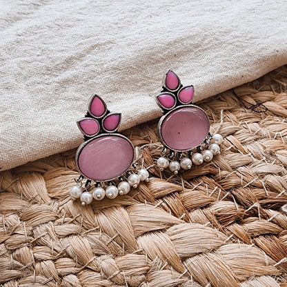 BALAMANI-Pink Stone German Oxidized Earring