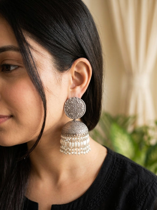 BINDU - German Silver Brass Moti Jhumka
