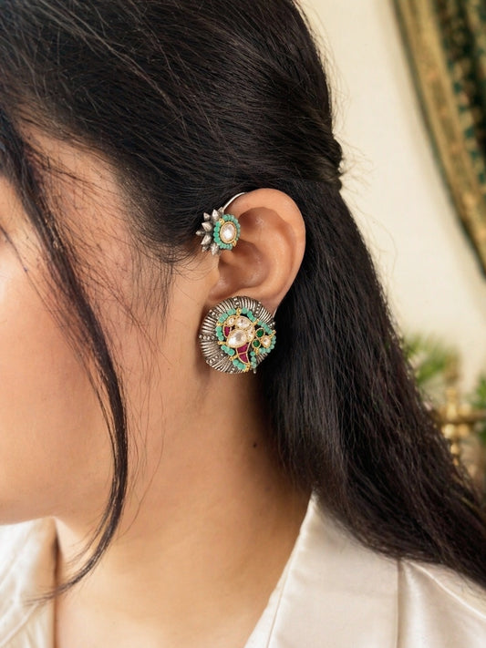 MANIKARNIKA - German Silver Bugdi Earcuff With Kundan Work Blue